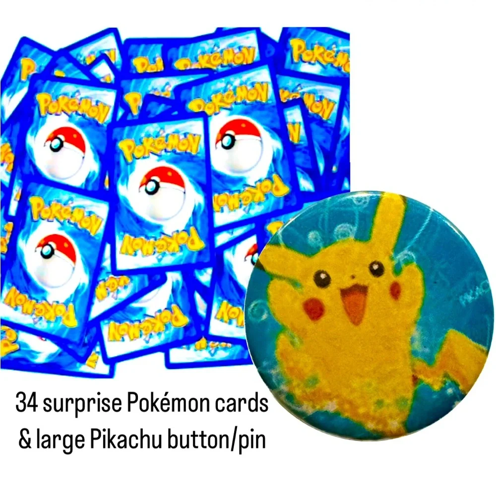 34 Assorted Pokemon Cards & Large Pikachu Button/Pin - Picture 2 of 5